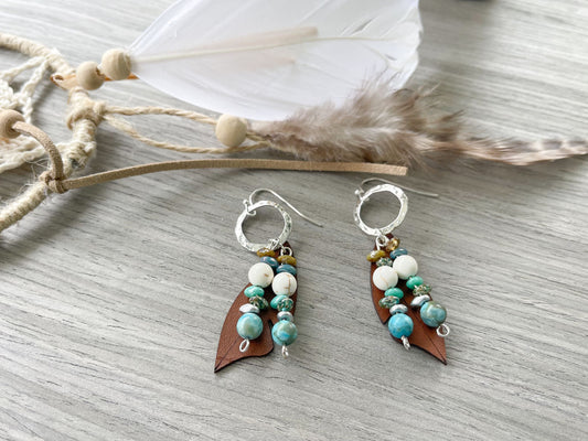 Silver and Turquoise Czech glass and Beaded Earrings