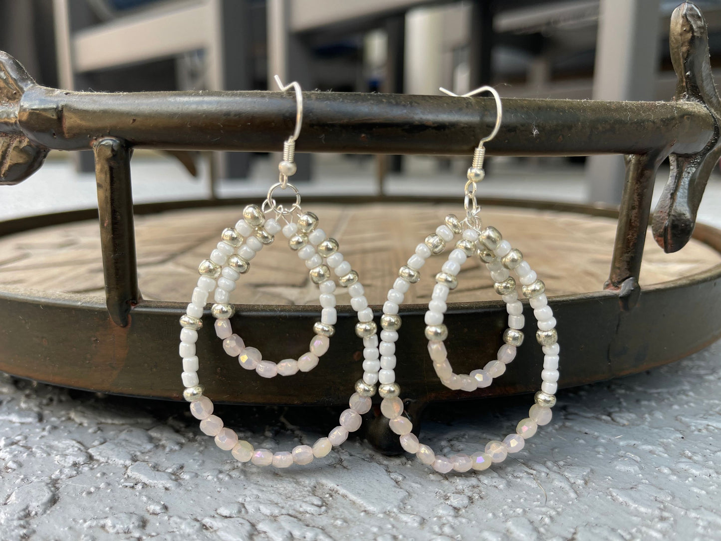 Silver and White Beaded Earrings