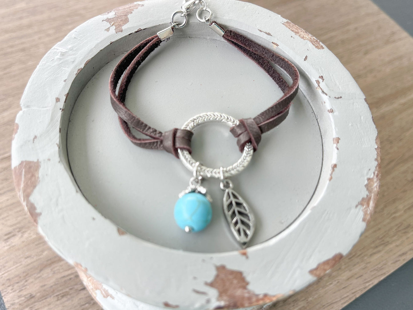 Leather Bracelet with Silver and Turquoise Accents