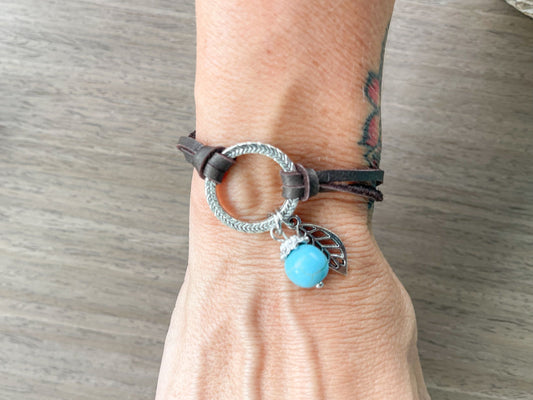 Leather Bracelet with Silver and Turquoise Accents