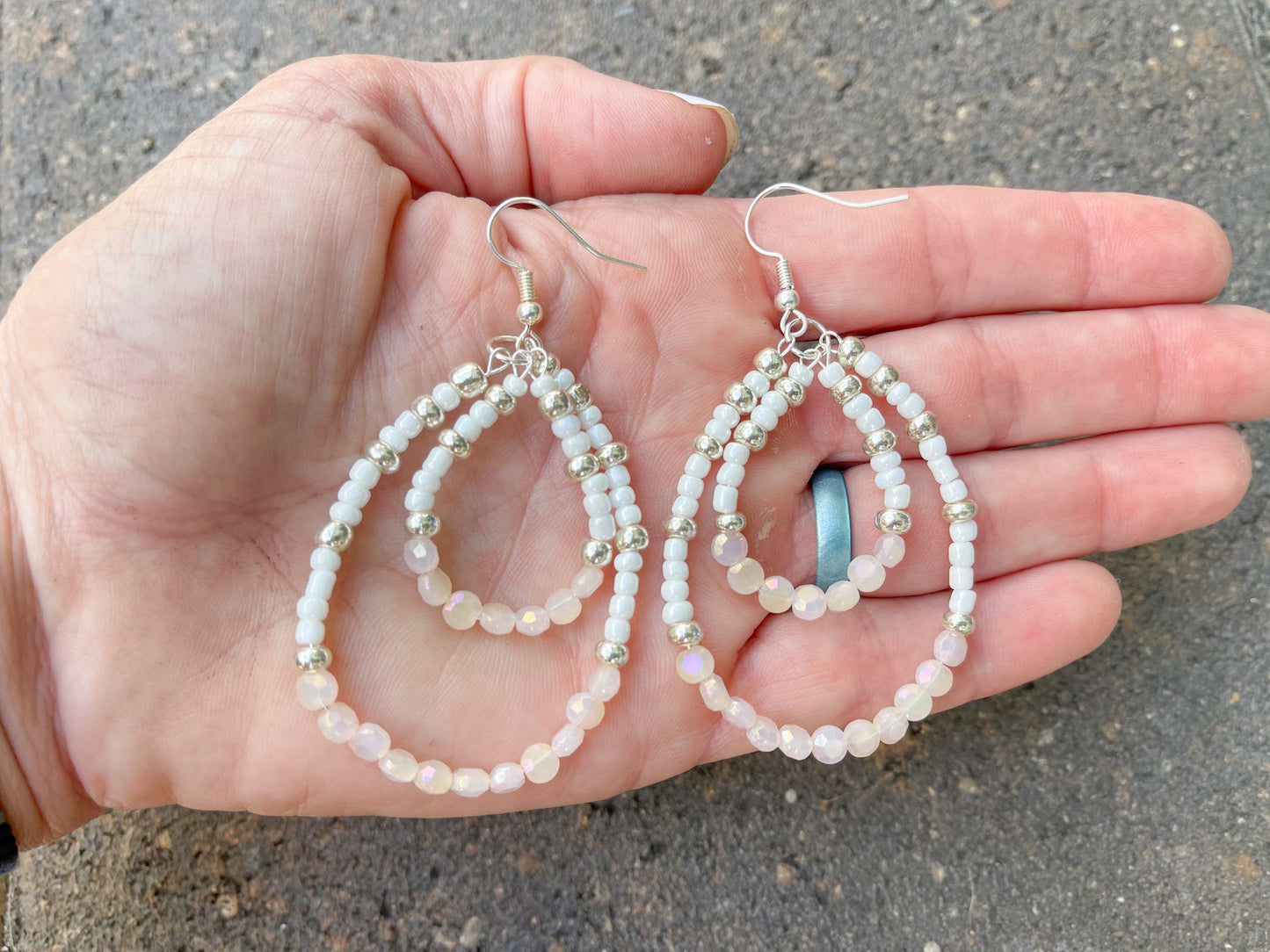 Silver and White Beaded Earrings