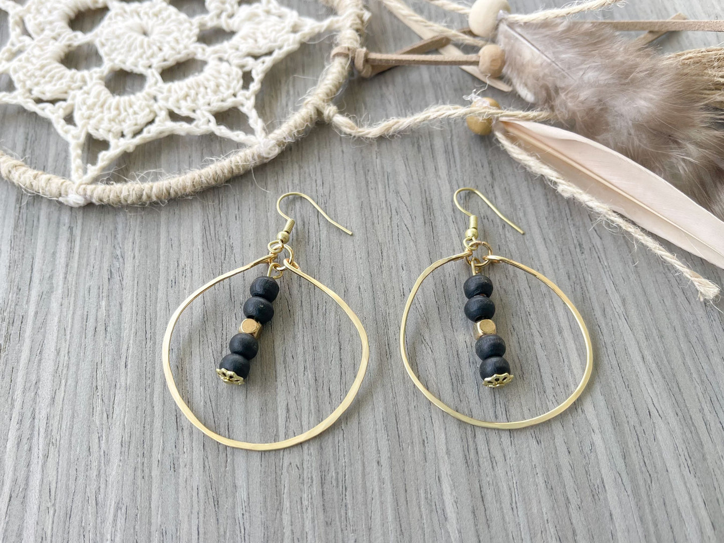 Gold and Black Hammered Hoop Earrings