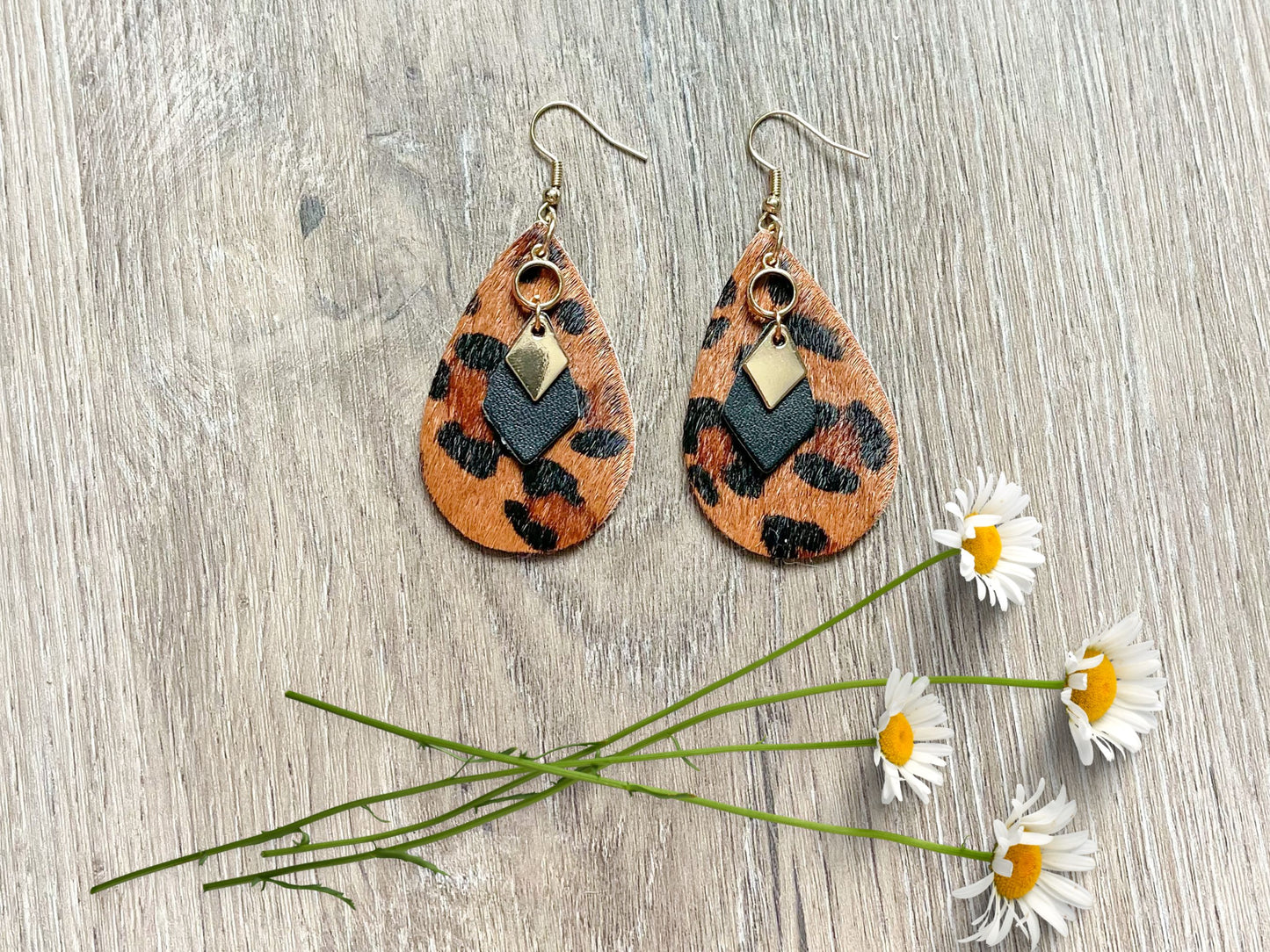 Handmade Leopard Earrings in Gold and Black