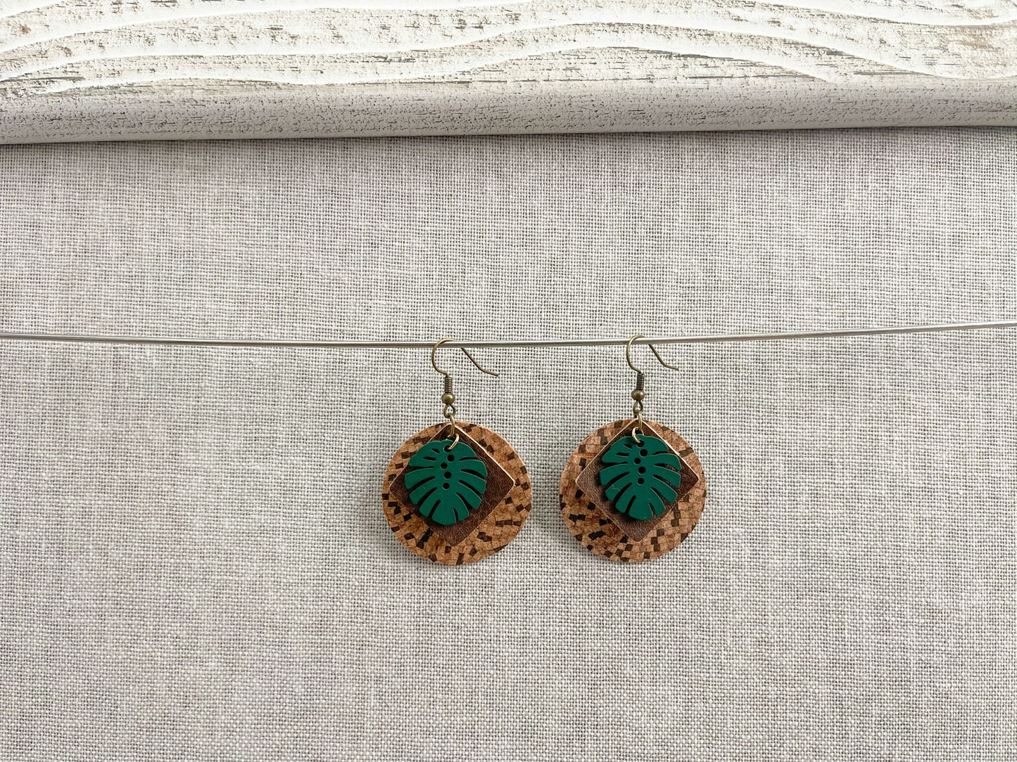 Green Feather Earrings with Cork Accents