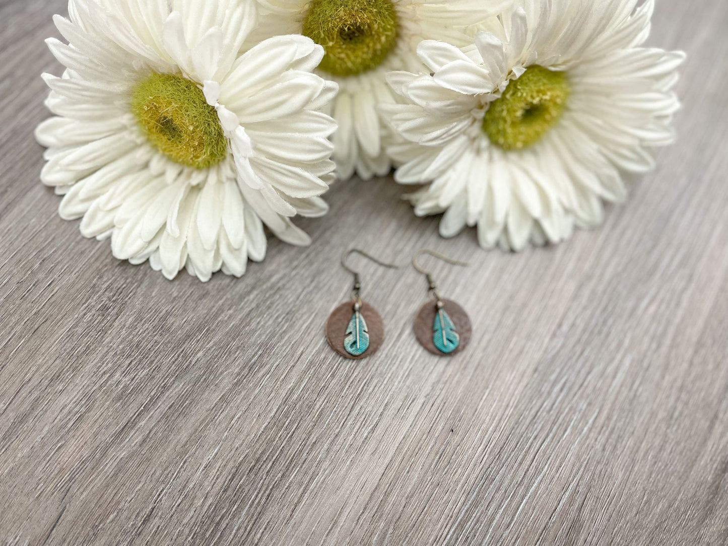 Turquoise Feather Earrings with Brown Leather Accent