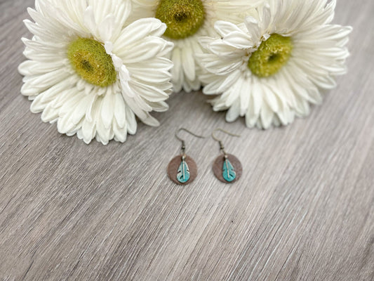 Turquoise Feather Earrings with Brown Leather Accent