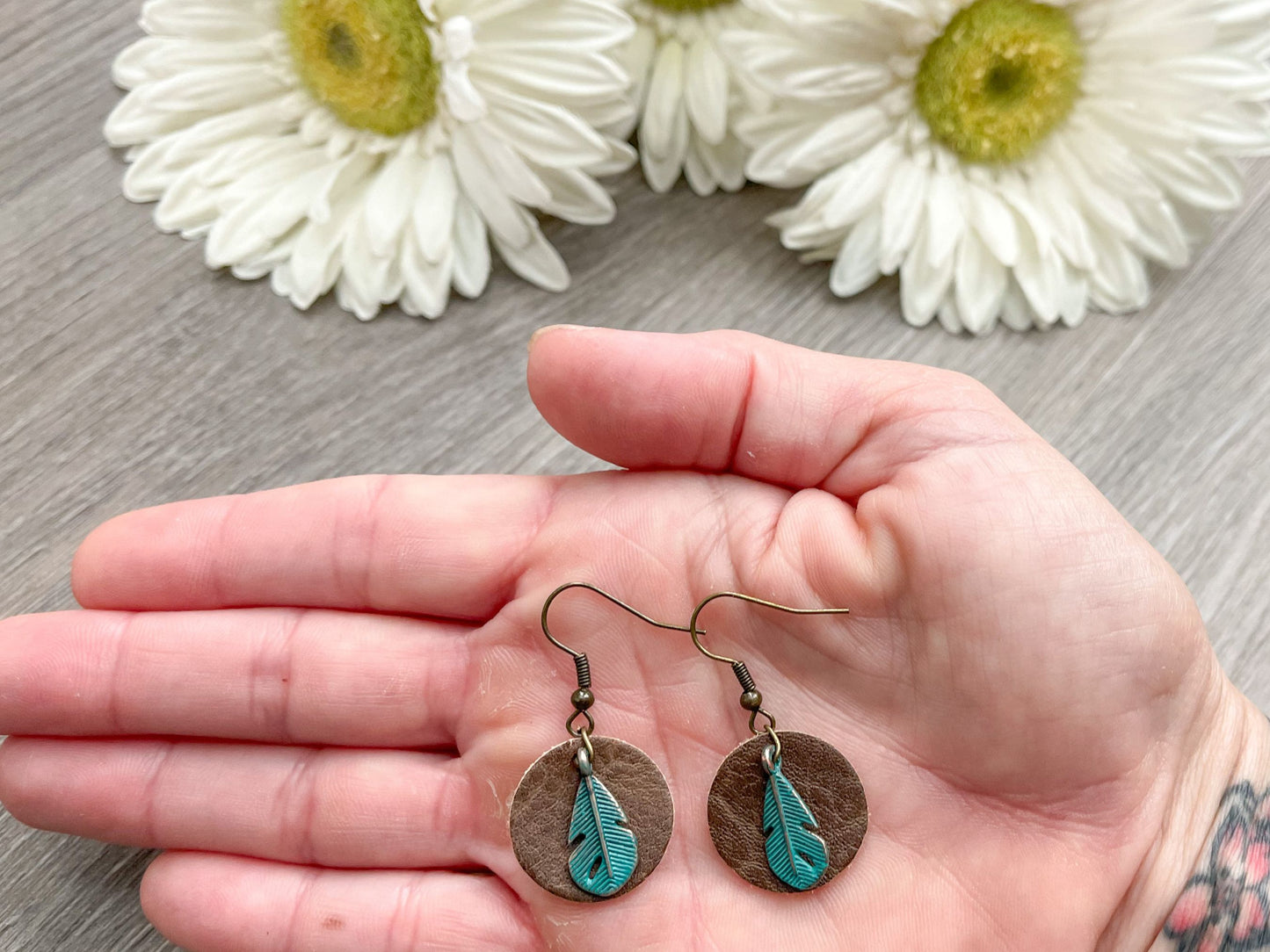 Turquoise Feather Earrings with Brown Leather Accent