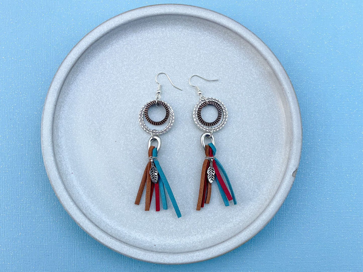 Red, Turquoise, and Brown Boho Dangle Earrings