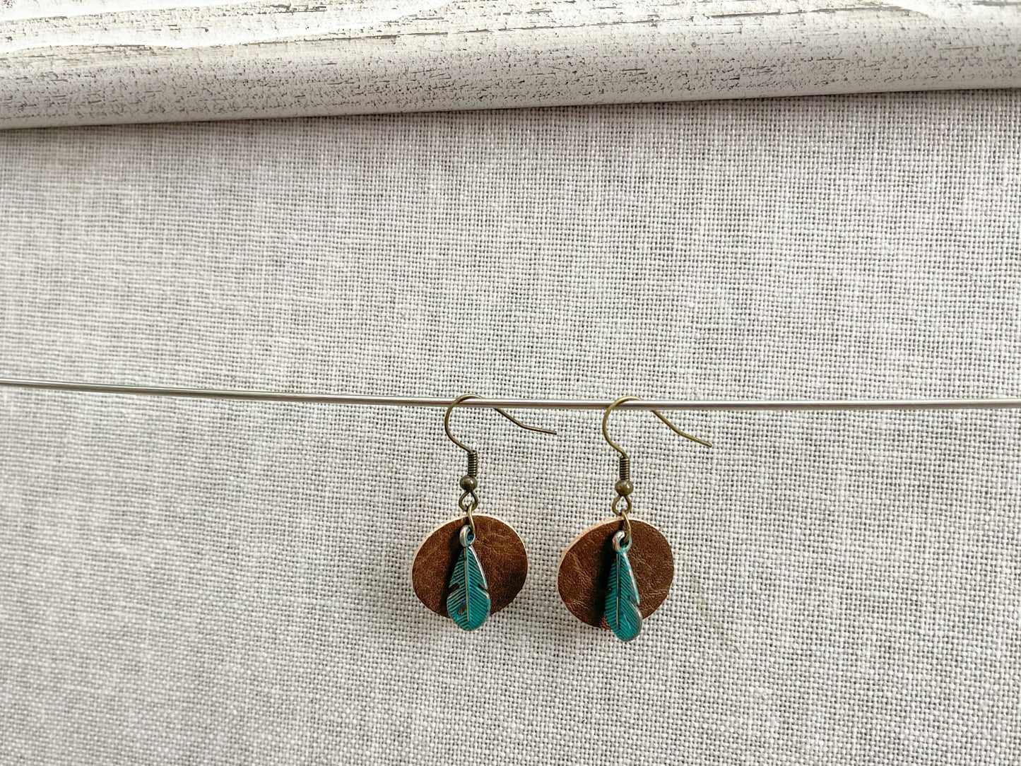 Turquoise Feather Earrings with Brown Leather Accent