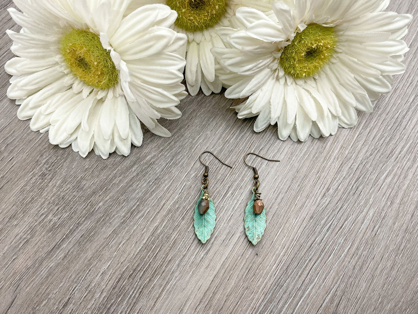 Turquoise and Copper Hammered Feather Earrings