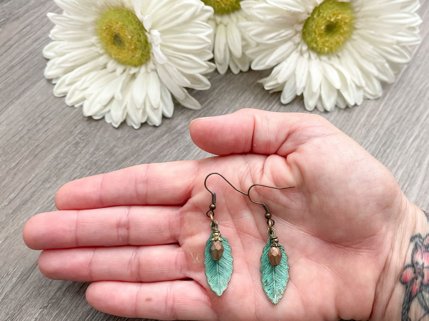 Turquoise and Copper Hammered Feather Earrings