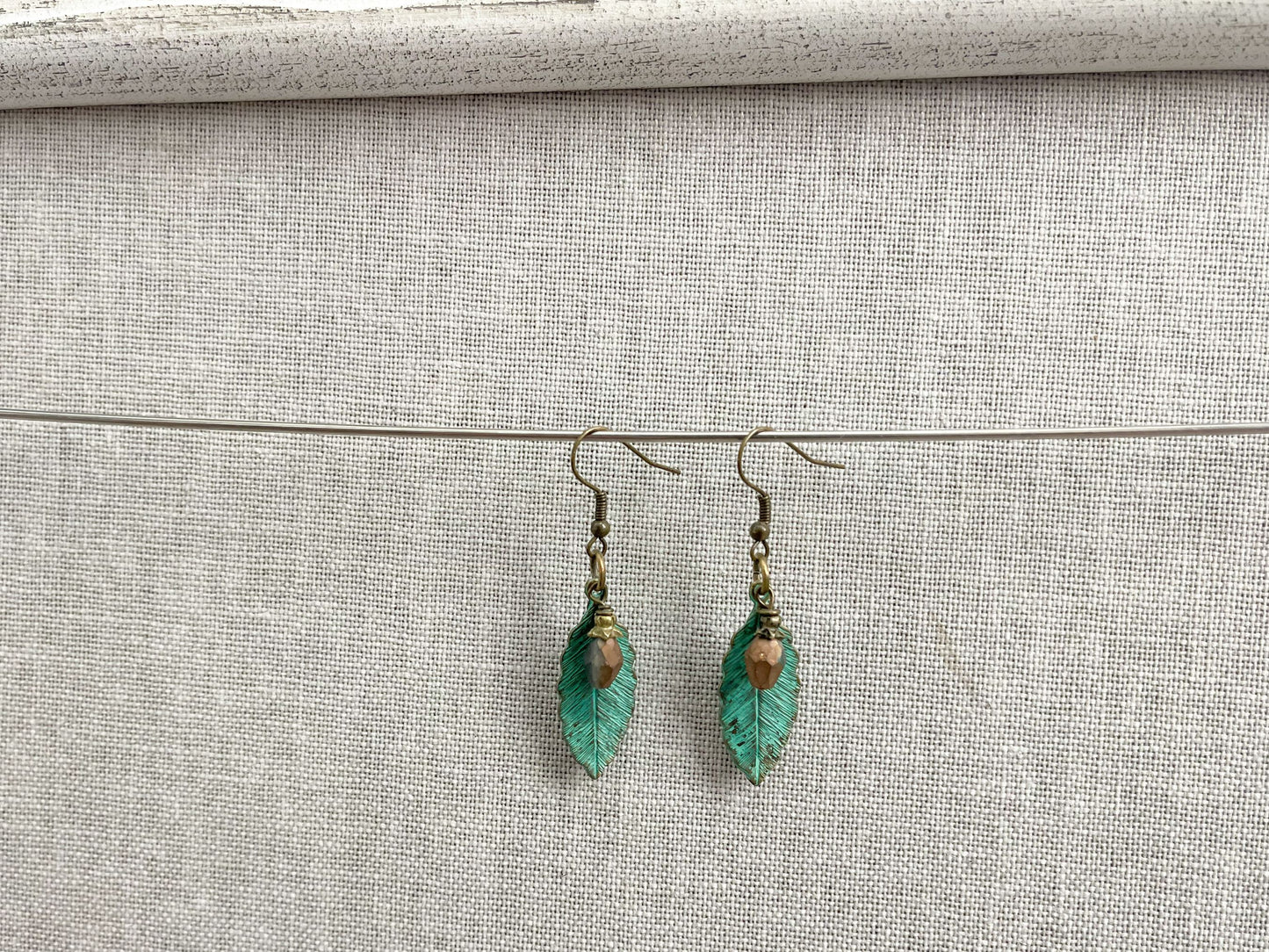 Turquoise and Copper Hammered Feather Earrings