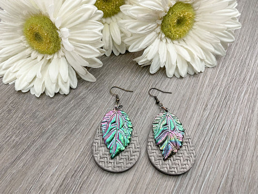 Metallic Feather Earrings with Gray Cork Accessories