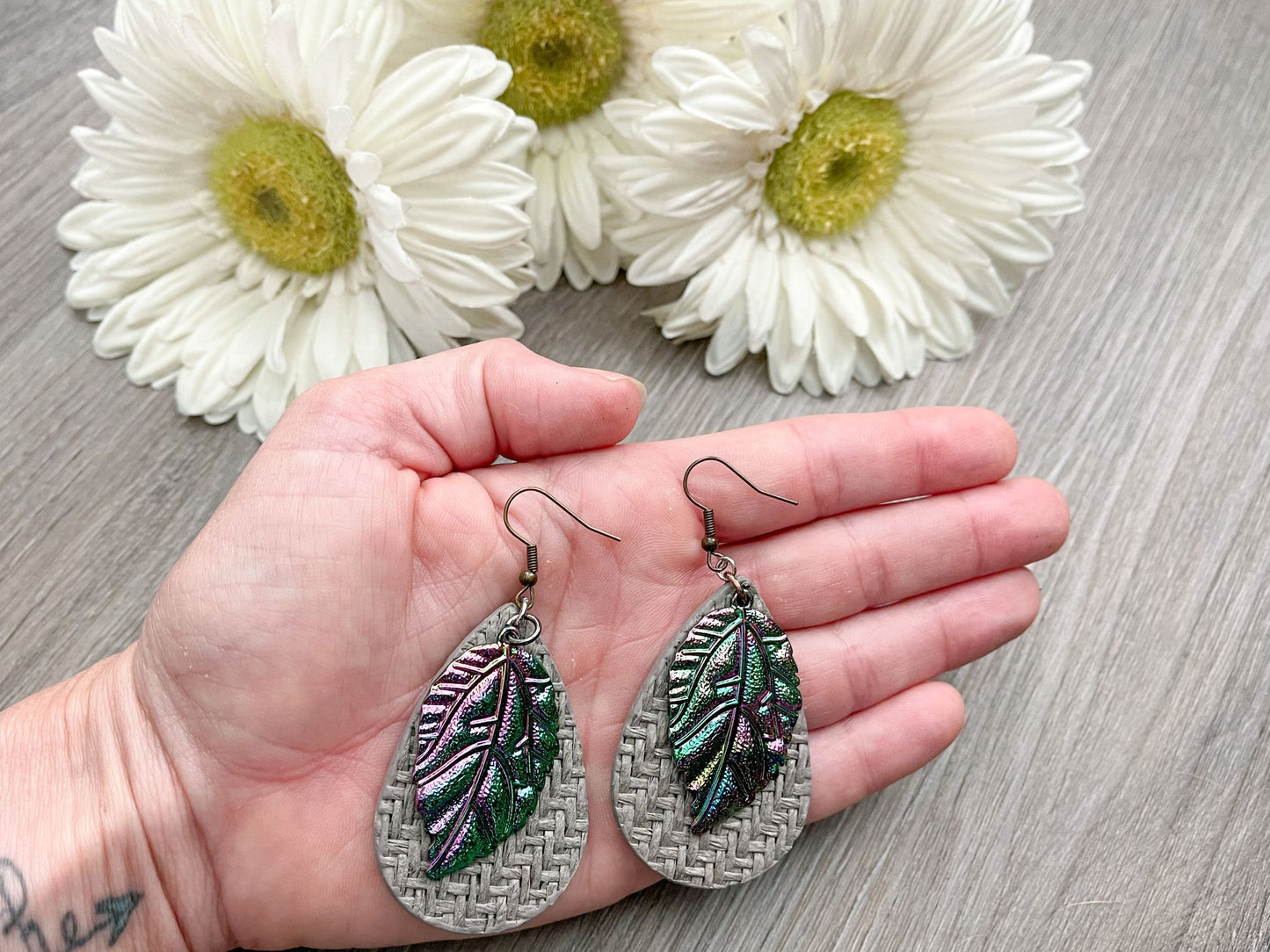 Metallic Feather Earrings with Gray Cork Accessories