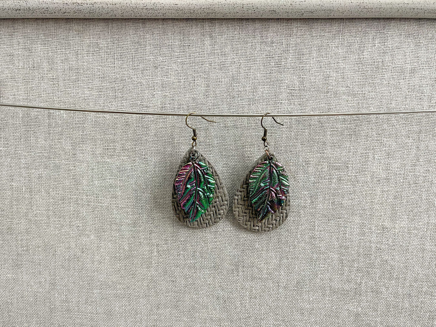 Metallic Feather Earrings with Gray Cork Accessories