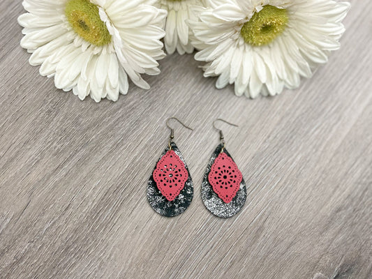 Black Glittered Leather and Red Cork Teardrop Earrings