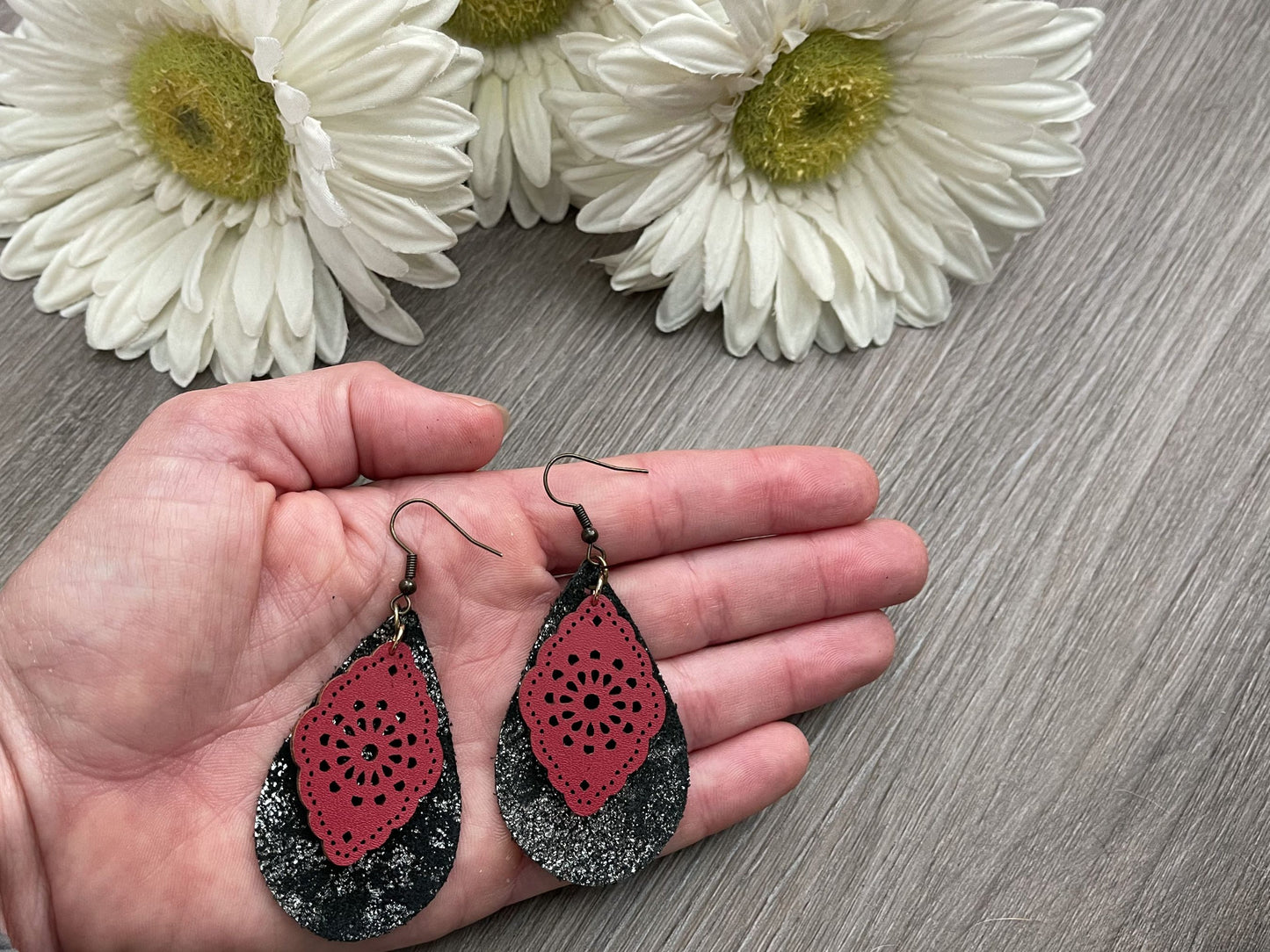 Black Glittered Leather and Red Cork Teardrop Earrings