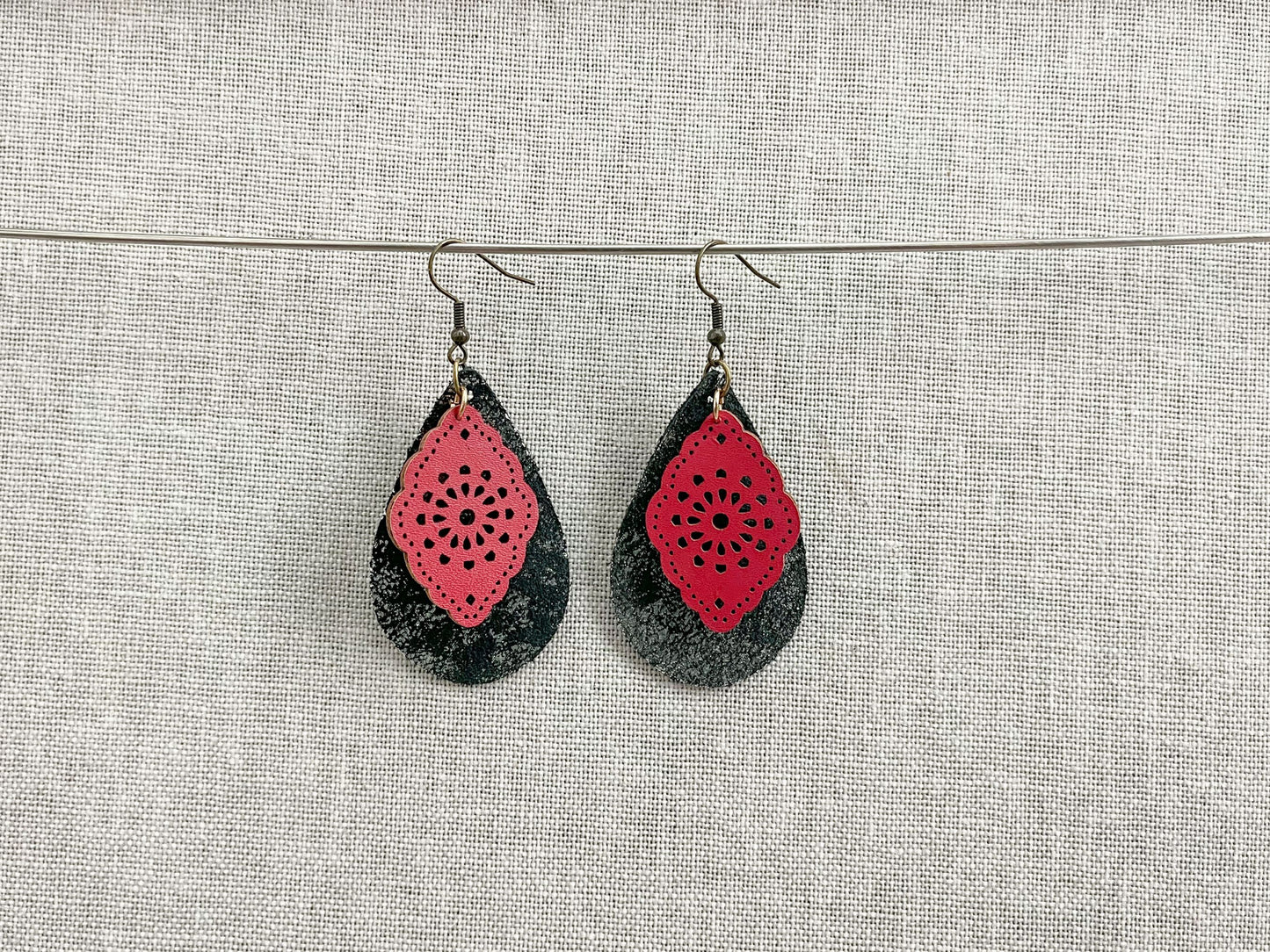 Black Glittered Leather and Red Cork Teardrop Earrings