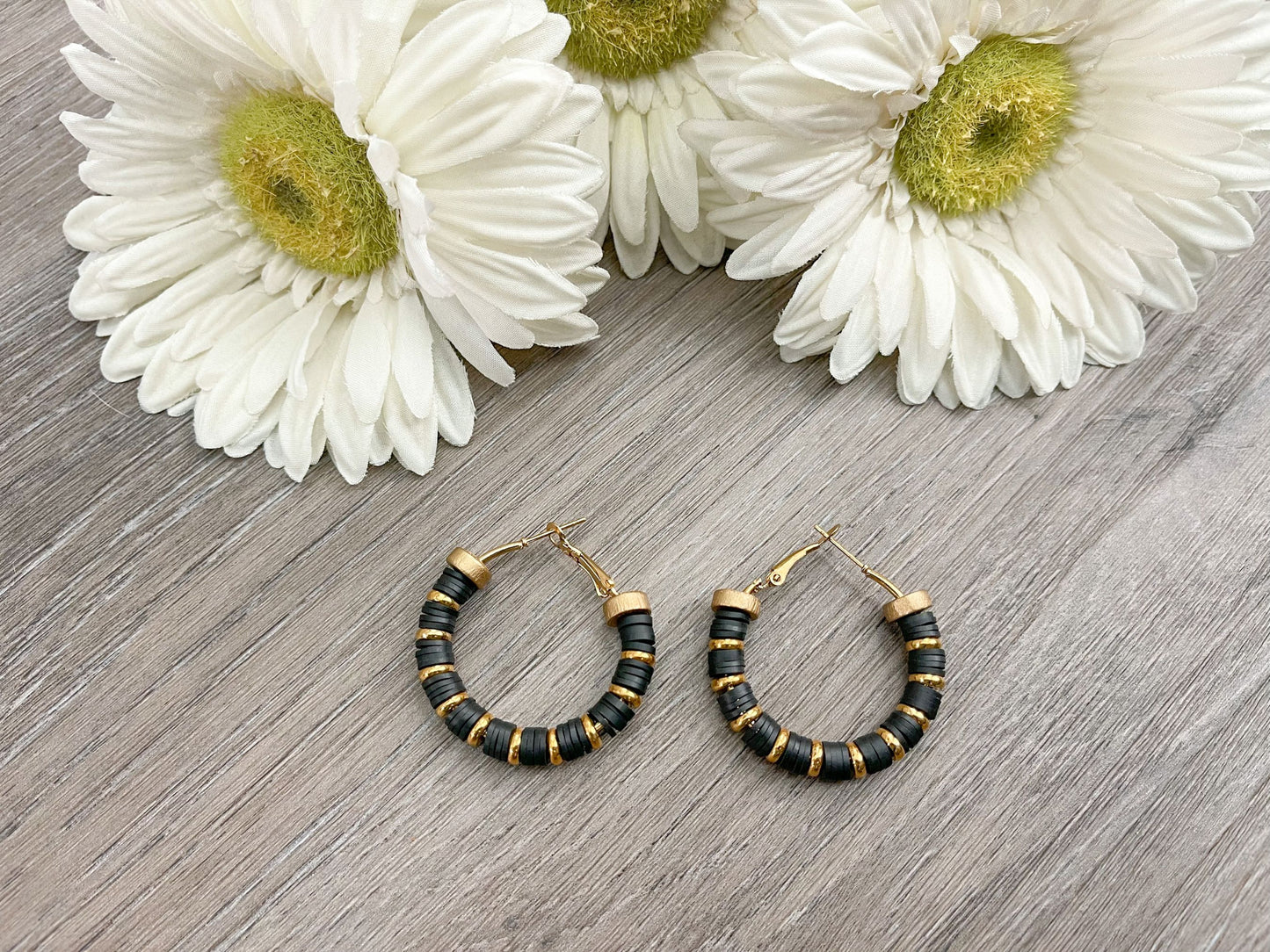 Heishi Beaded Earrings in Black and Gold