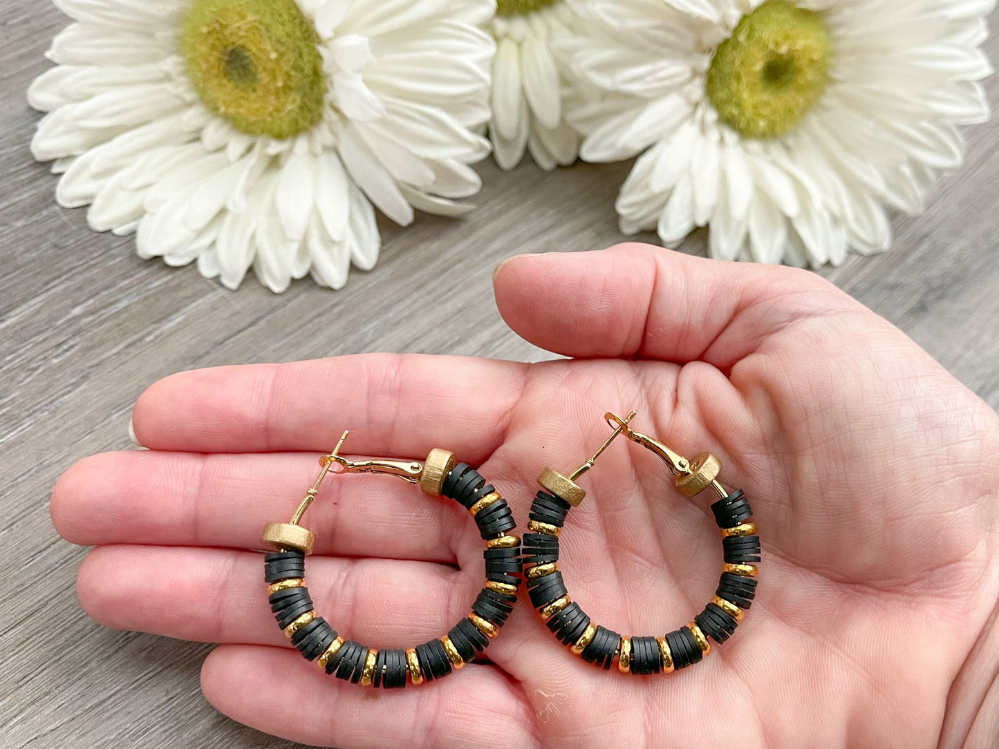 Heishi Beaded Earrings in Black and Gold