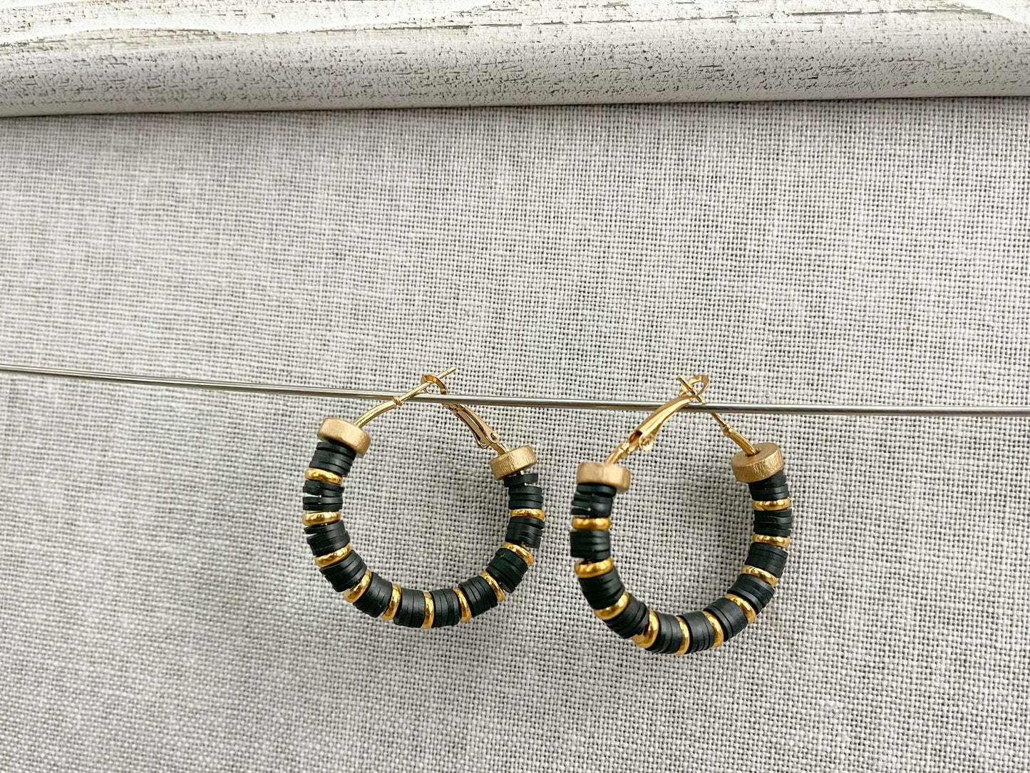 Heishi Beaded Earrings in Black and Gold