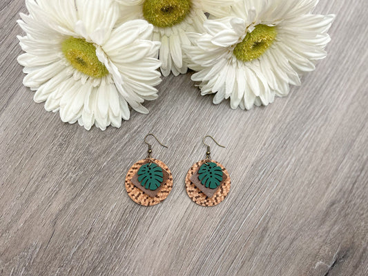 Green Feather Earrings with Cork Accents