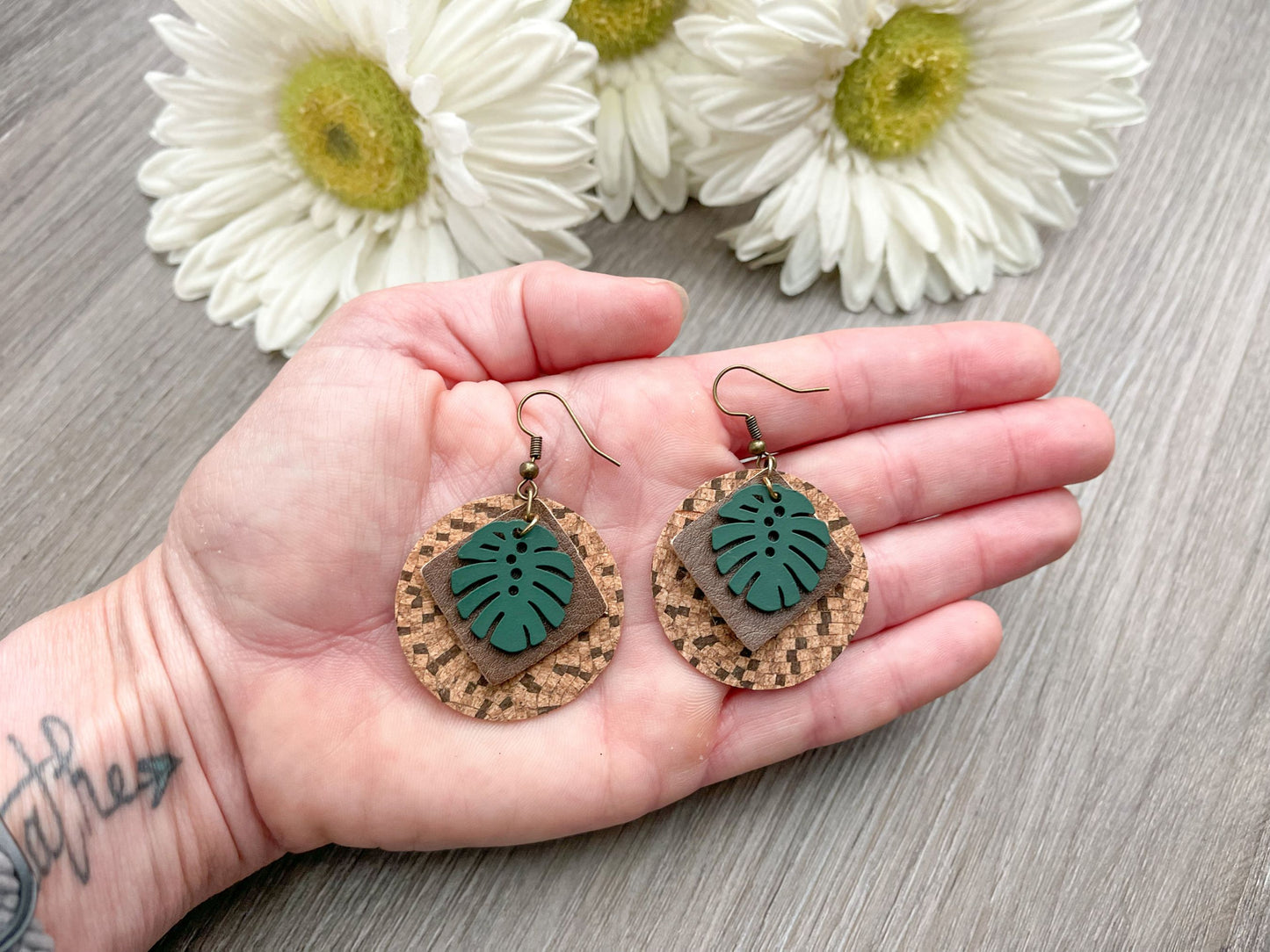 Green Feather Earrings with Cork Accents